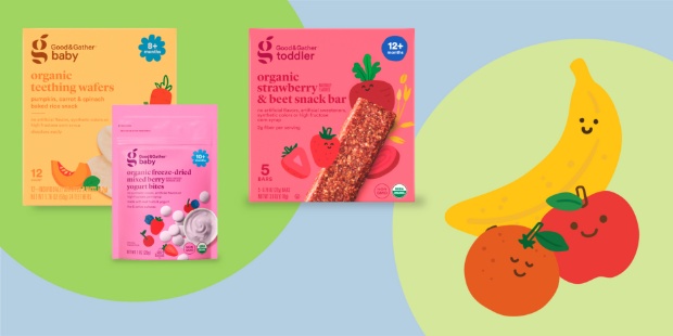 Packages of three different Good & Gather Baby and Toddler snacks on a colorful background next to an illustration of a banana, orange and apple with smiling faces.