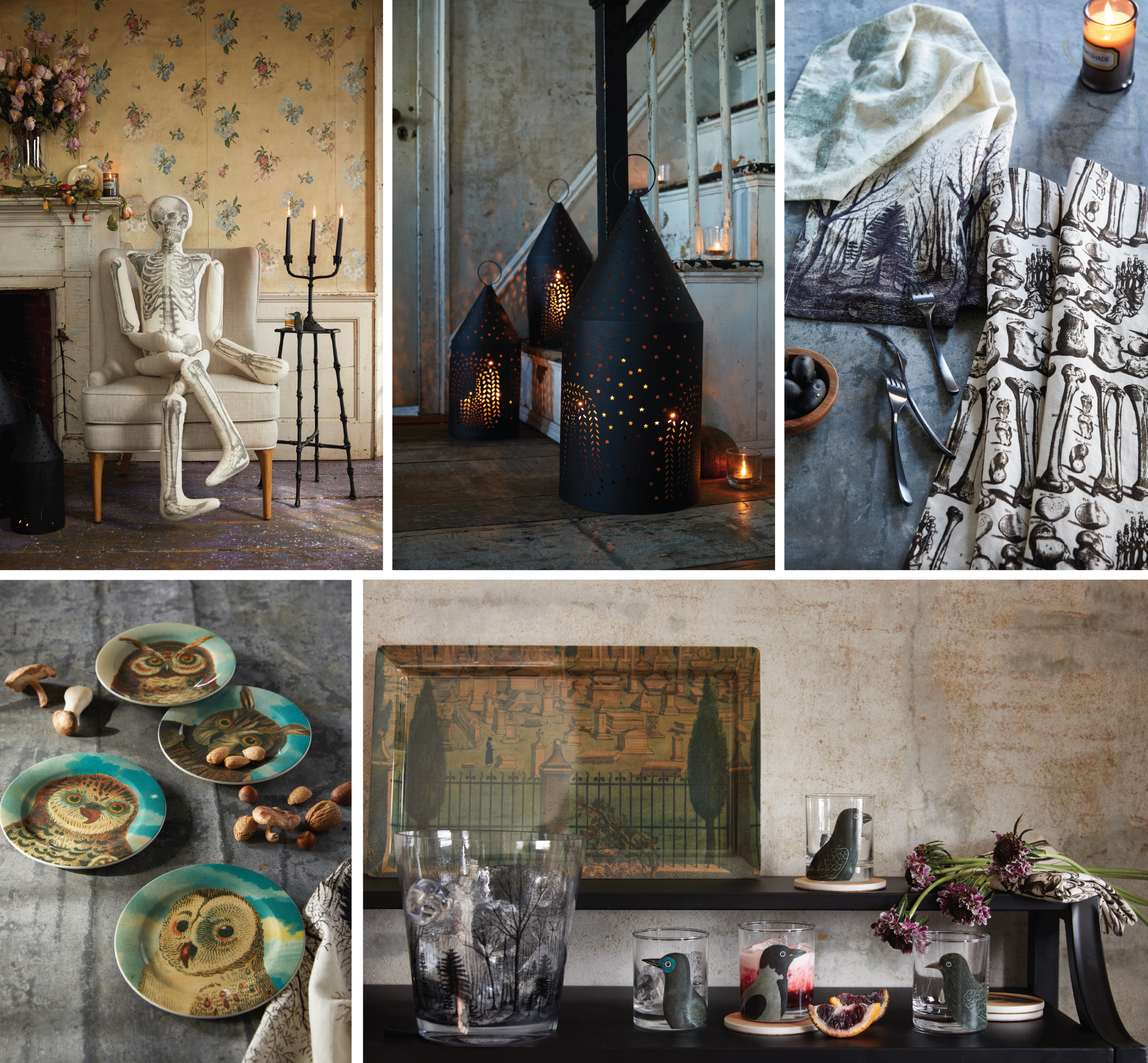 A collage of five images showcasing the new collection, from a life-size stuffed skeleton to black lanterns, spooky tea towels and more
