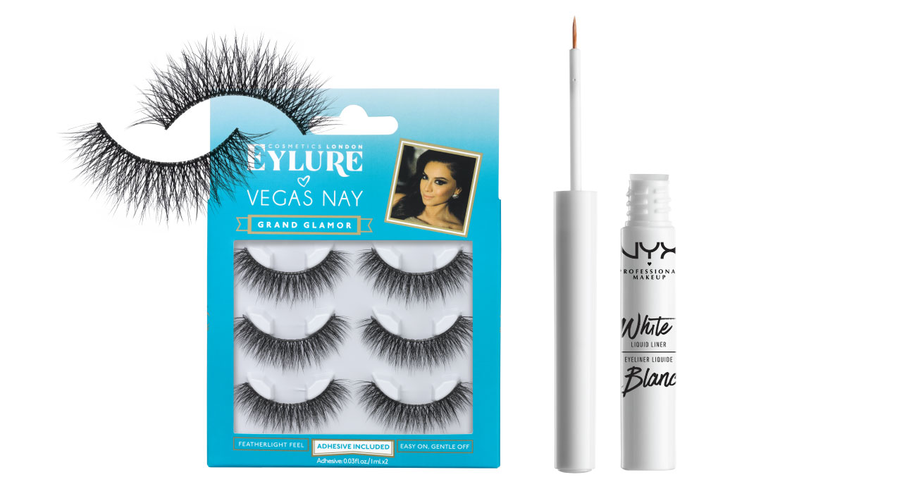 A package of false eyelashes and white liner