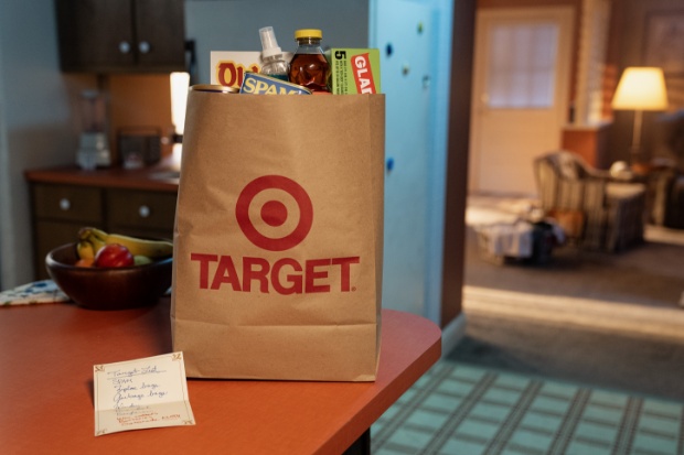Retro Stranger Things themed grocery products in paper Target Bag with note.