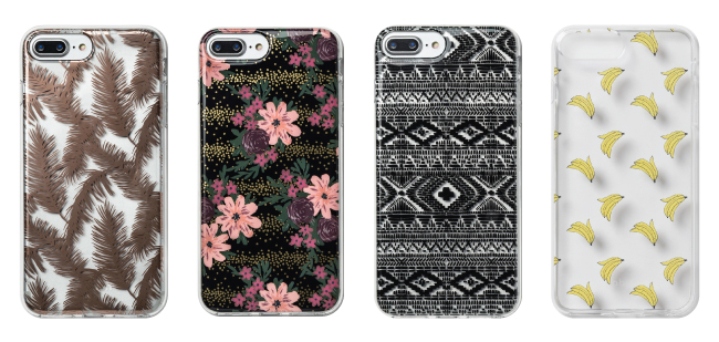 Four cell phone cases in feathers, floral, monochromatic and banana prints
