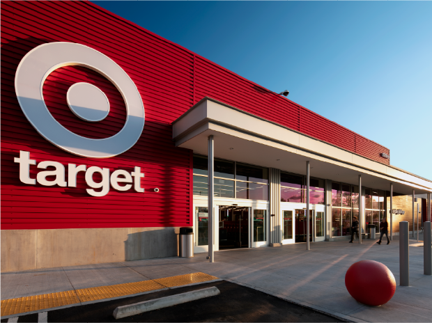The front of Target’s Yorba Linda, California, store, with the Bullseye logo in the foreground and front doors.