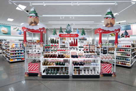 The Holiday Hall section  of a Target store is full of holiday decor.