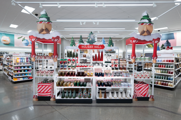 The Holiday Hall section  of a Target store is full of holiday decor.