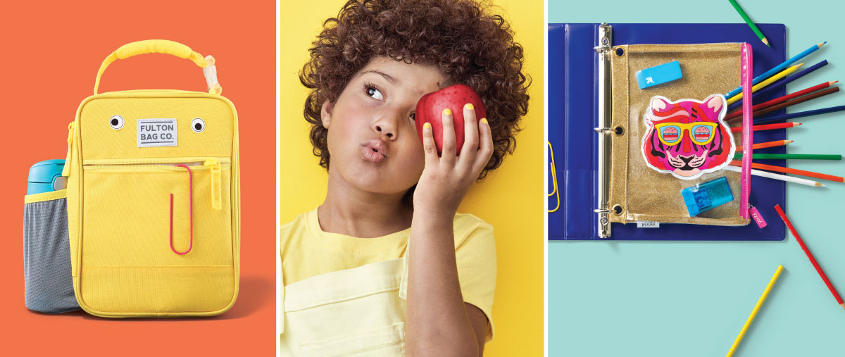 Three images: a yellow lunch bag, little boy holding an apple and a tiger pencil case