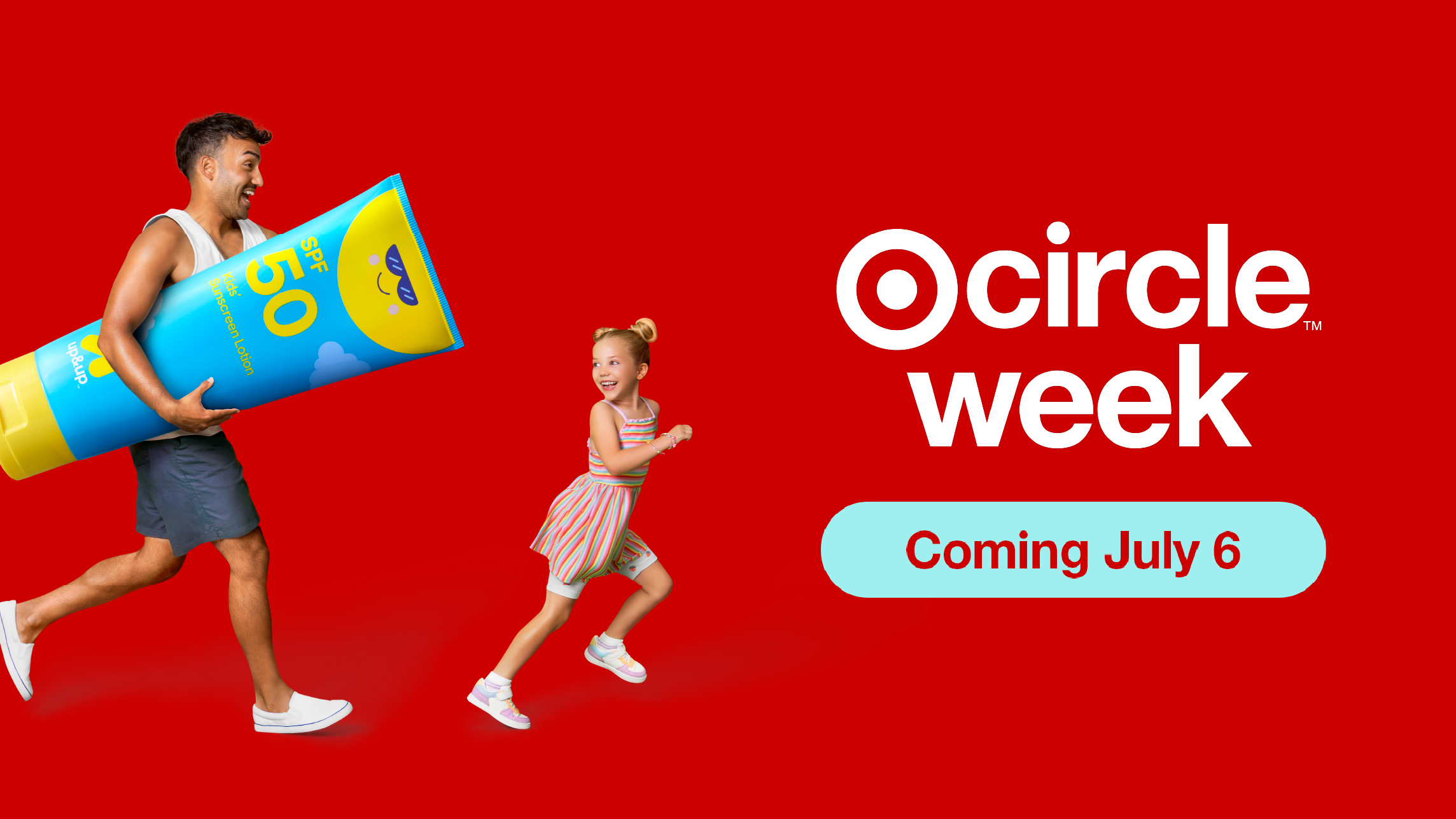 Two people run across a screen wearing summer attire; one holds a larger-than-life bottle of sunscreen. Text reads "Target Circle Week coming July 6."