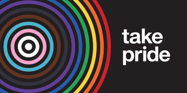 Concentric rainbow colored circles over a black background, with the words, take pride