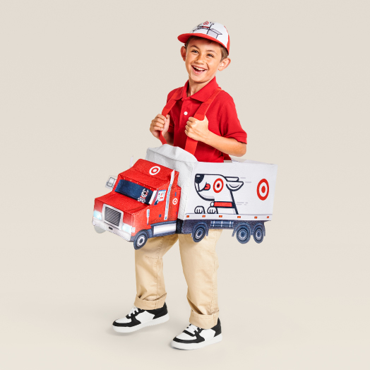  a child wearing a Bullseye truck costume