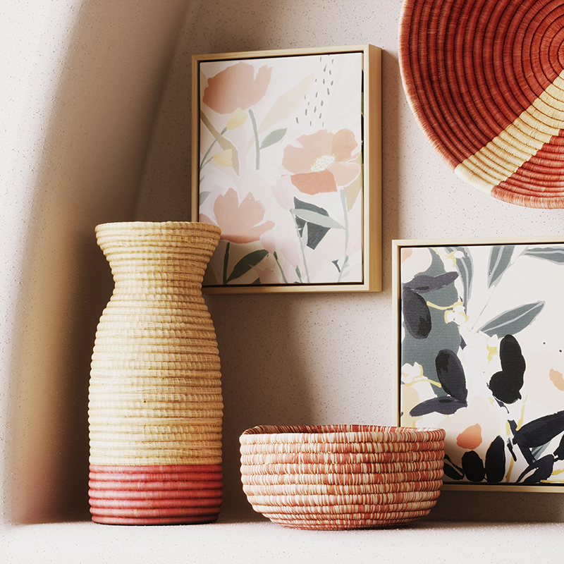 Woven vase, bowl and wall decor with rose hues