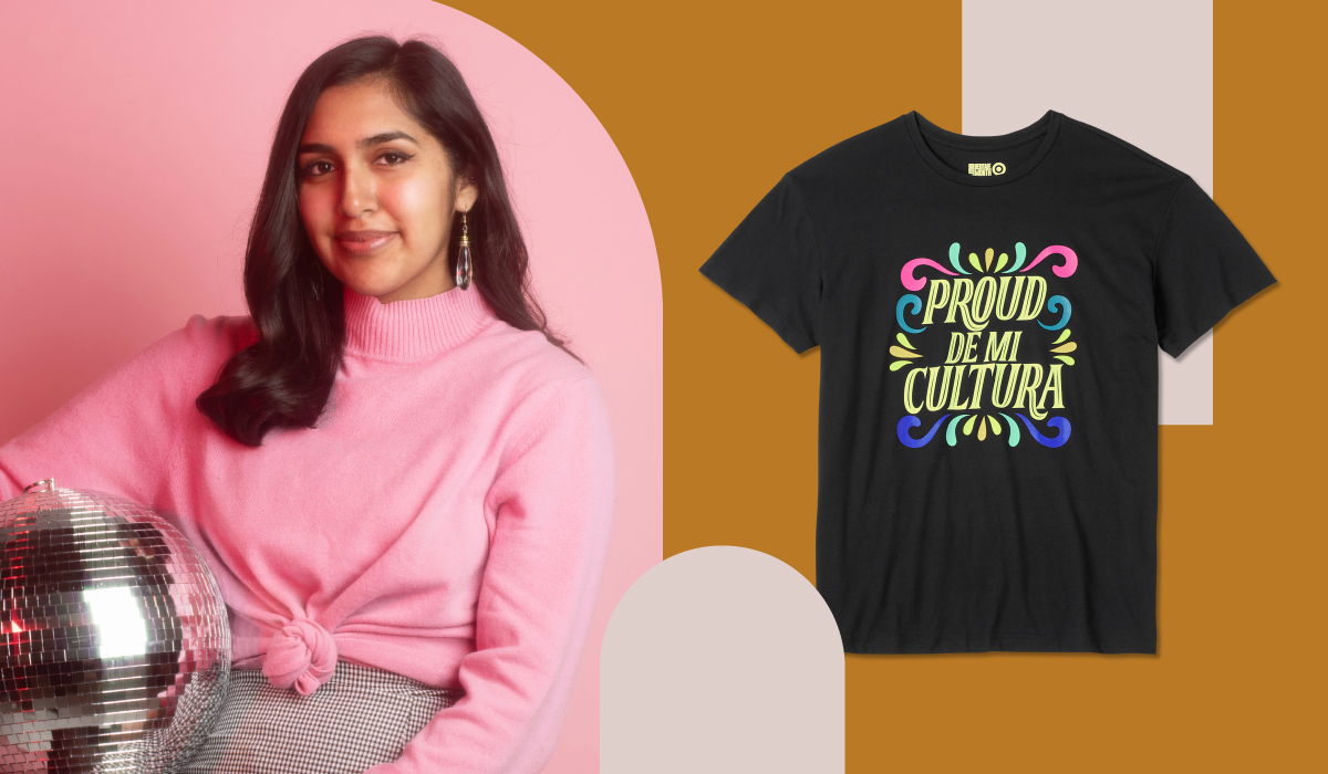 Side-by-side images: Left: A smiling woman wears a flamingo-colored turtleneck tucks a disco ball under her right arm. Right: A black t-shirt with the phrase “Proud De Mi Cultura” written on the front.