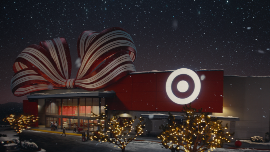 The exterior of a Target store wrapped in a holiday bow.