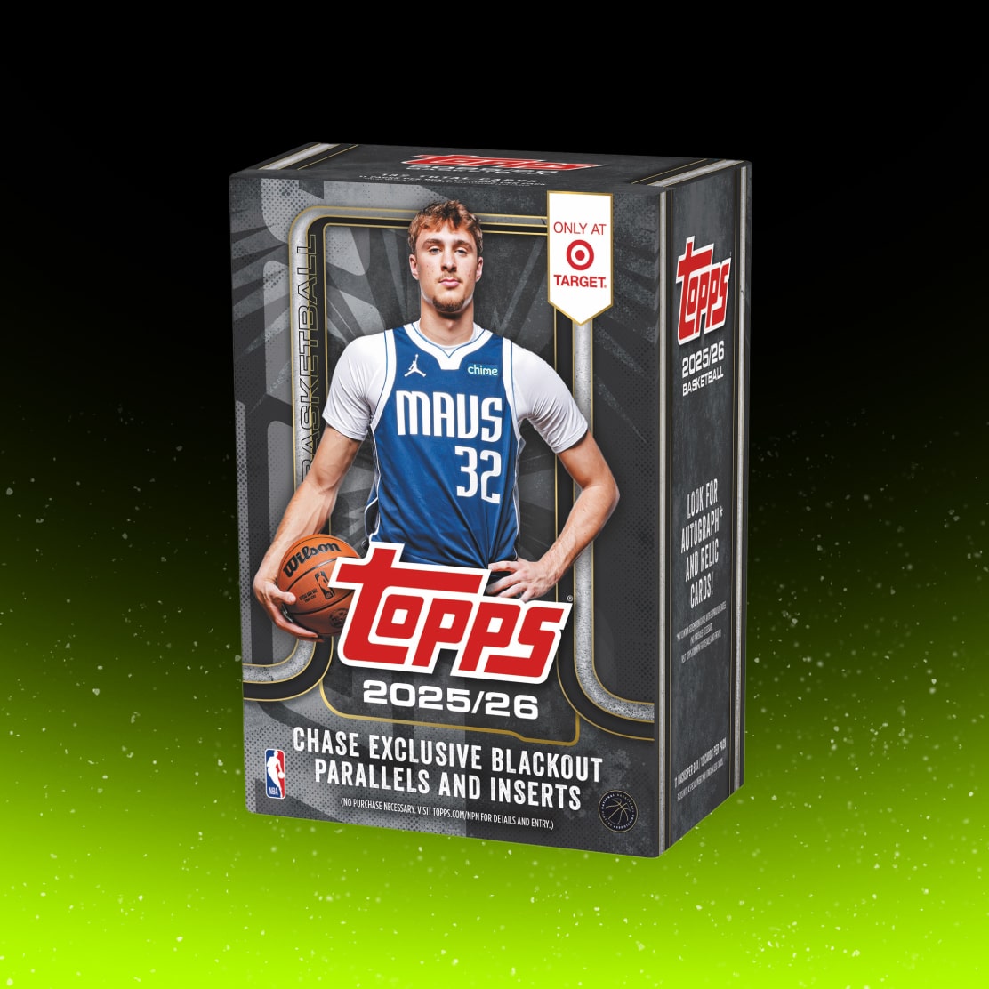 A 2025–26 Topps basketball trading card box featuring Cooper Flagg in a blue Mavericks jersey holding a basketball.