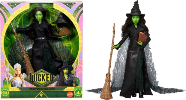 Elphaba doll in package on the left and Elphaba doll with broom and book in hand on the left.
