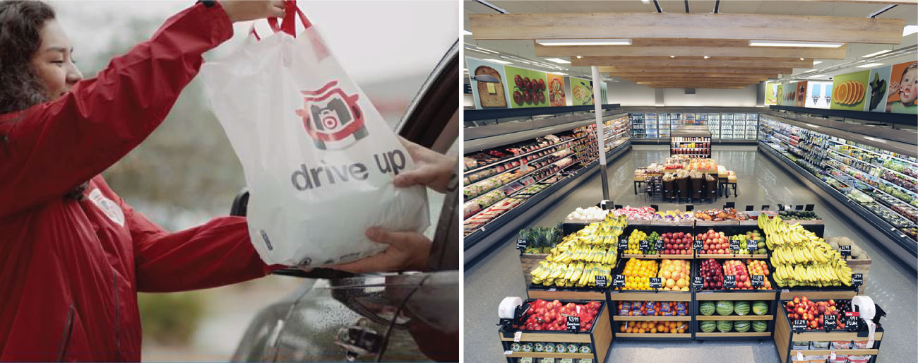 Left, a woman hands a white Drive Up bag to a guest in a car; right, a shot of a Target grocery department with fresh produce on display.