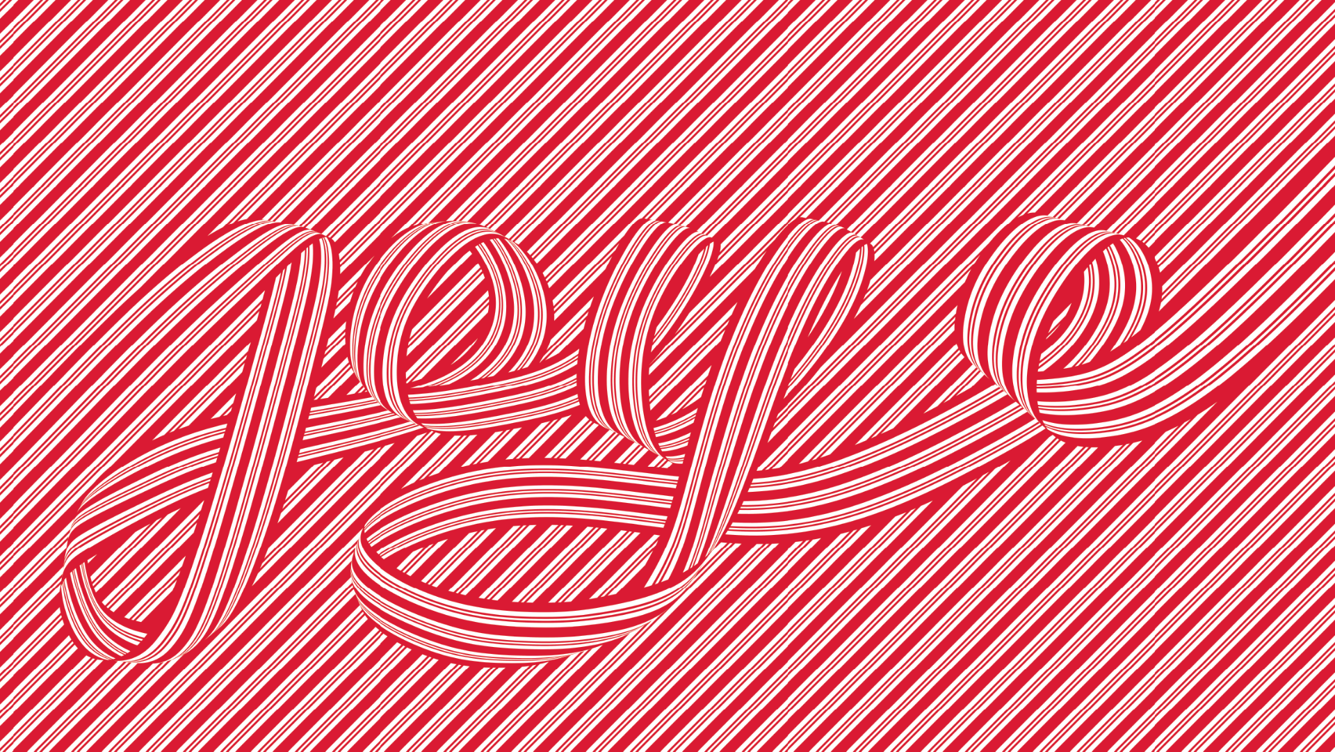 The word “joy” written in red and white striped ribbon on a red and white striped background.