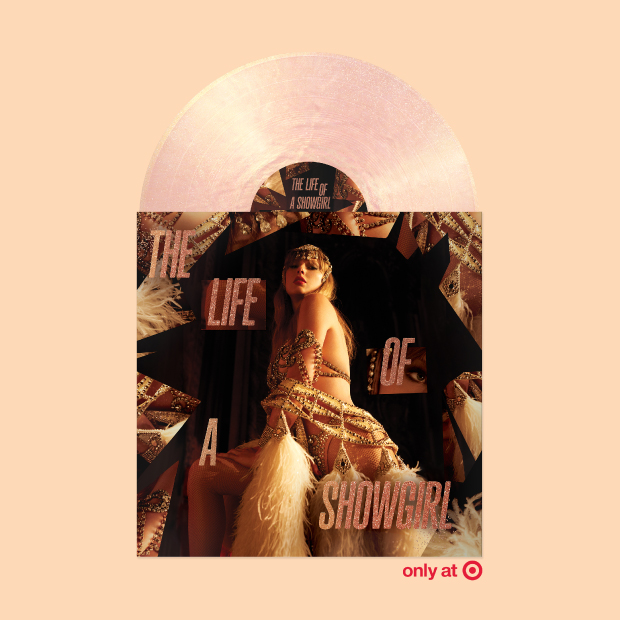 ”The Life of a Showgirl” exclusive vinyl on a tan background.