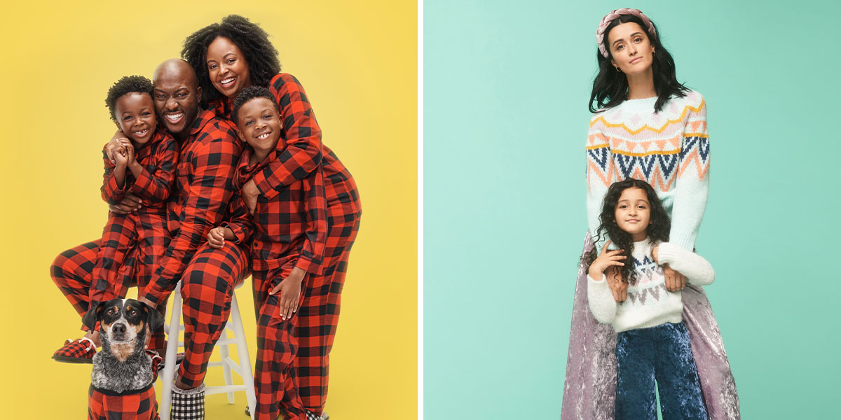Family and dog in matching buffalo plaid pajamas; mom and daughter in velvet pants and sweaters.