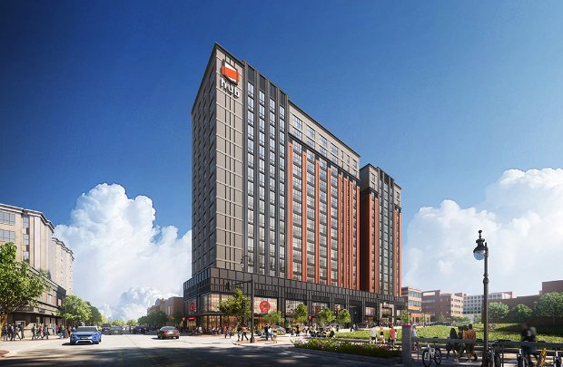 a large building with a street in front of it