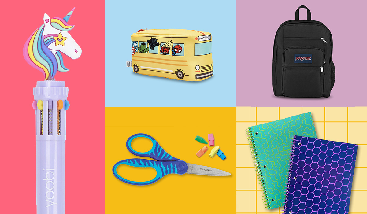 A collage of school supplies, including a pen with a unicorn, a school bus zippered case, a black backpack, notebooks, scissors and erasers.