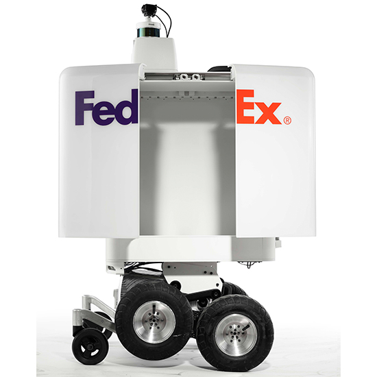 A white robot with the FedEx logo, doors open