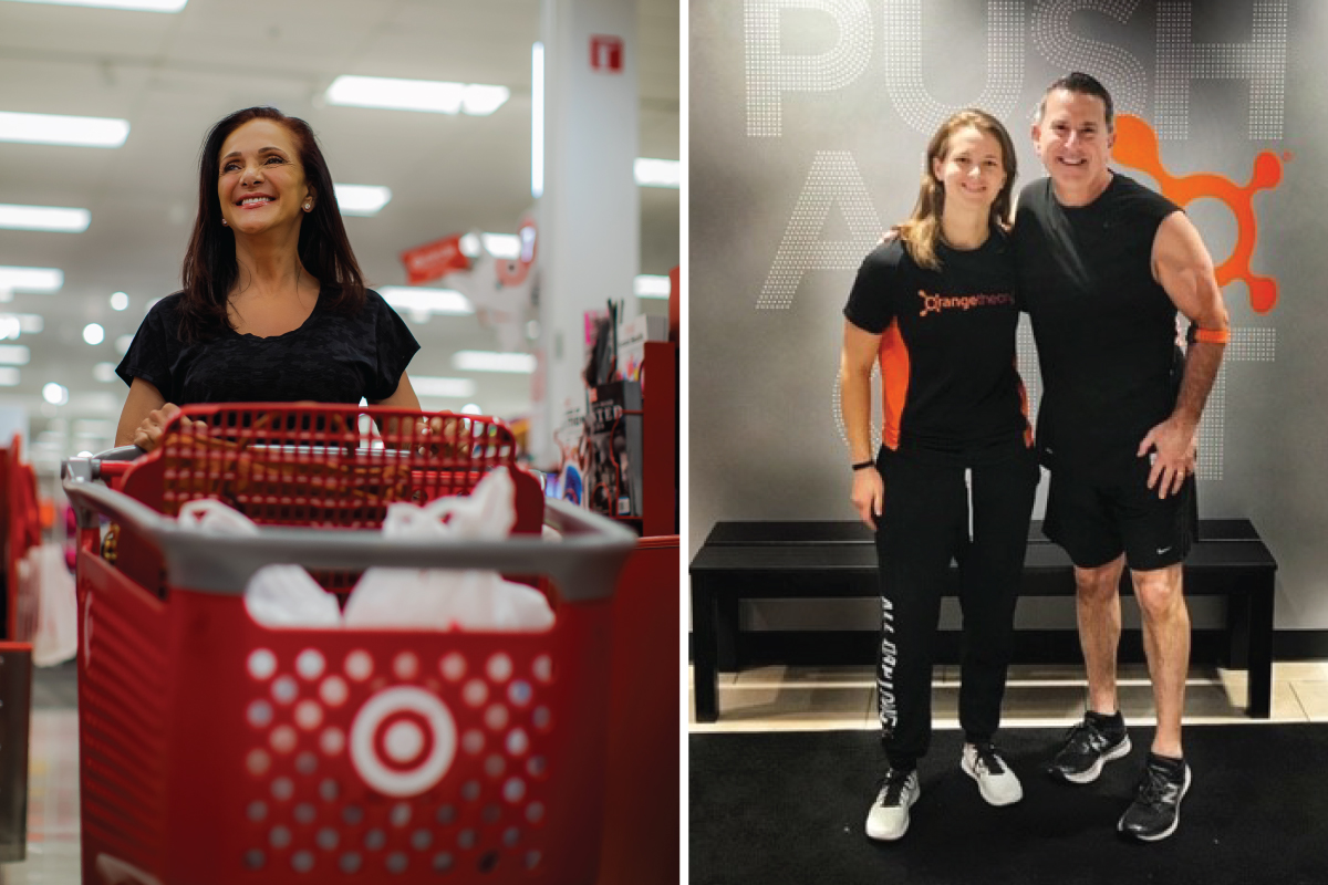 Left, Ellen smiles as she shops Target with a red cart; Right, Brian stands smiling with his trainer at Orangetheory