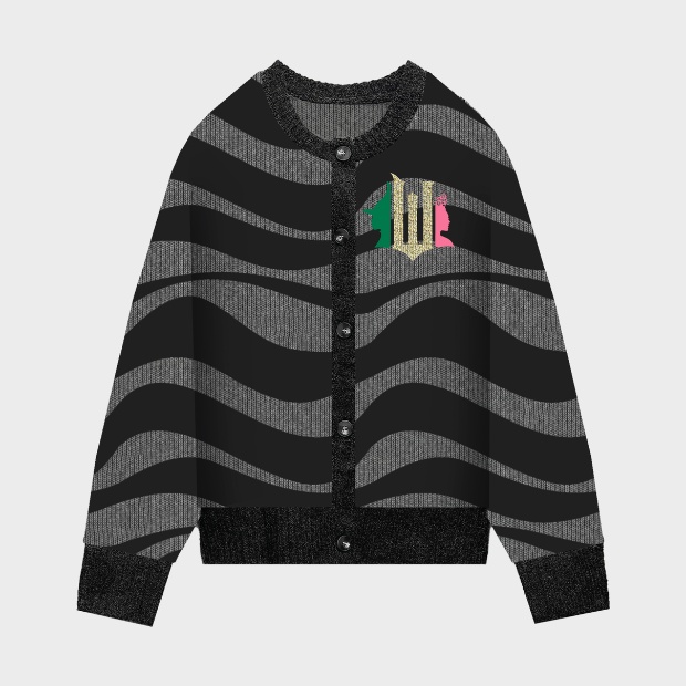 A black stripe cardigan with a W logo, part of the Paul Tazewell for Target collection.