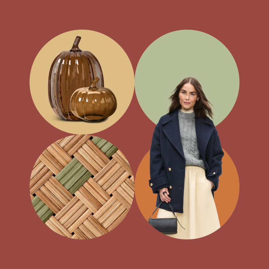 A pumpkin colored background with four circles with images in them, including two glass pumpkins, a woven basket detail and a model wearing a dark blue coat.