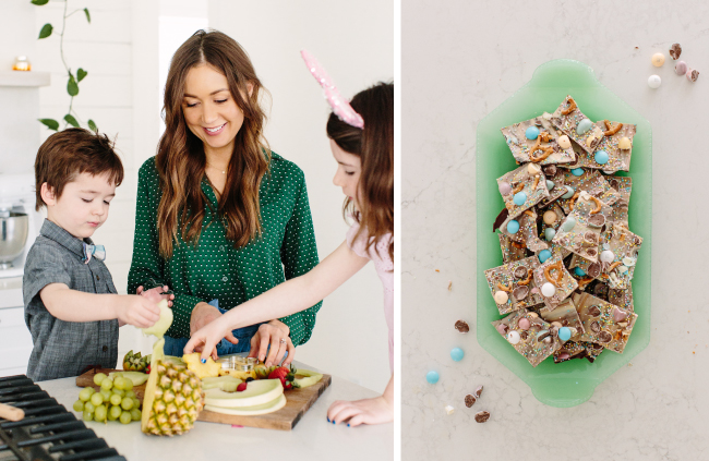 Two-photo split showing Camille and kids cutting fruit with cookie cutters and a green milk glass tray of candy bark