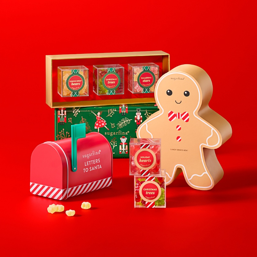 Sugarfina products including the letters to Santa mailbox and a container shaped like a gingerbread man