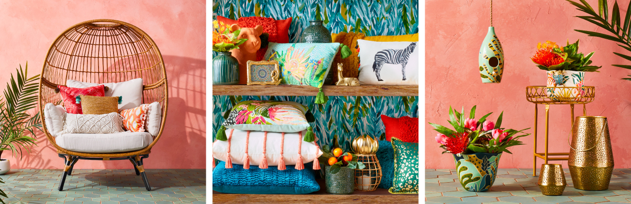 Three tropical-themed images, including a nest chair, shelves full of pillows and decor and an outdoor decor scene