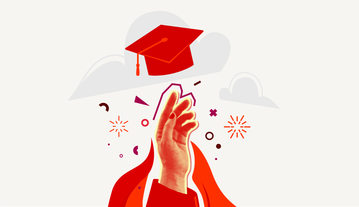 A hand throws a Target-red grad cap into a sky filled with fireworks.