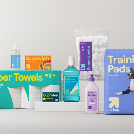 An array of up&up products including paper towels, sandwich bags, mouthwash, lotion, kids' flossers, cotton balls and dog training pads.