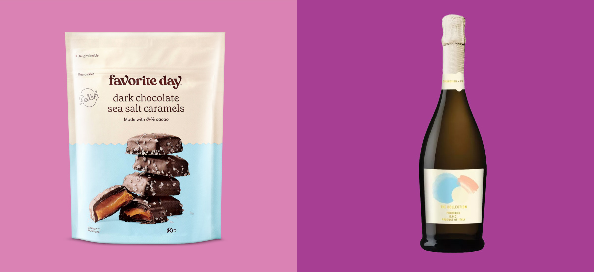Two images showing Favorite Day dark chocolate sea salt caramels and The Collection prosecco.
