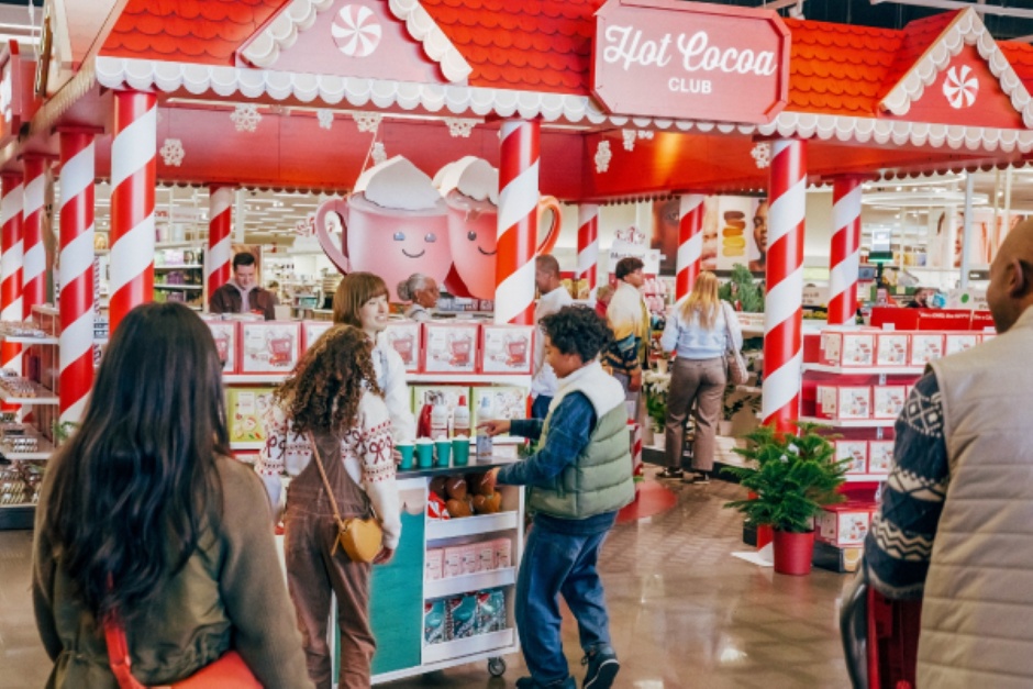 A festive Hot Cocoa Club station with striped pillars and mugs, guests sampling cocoa at the counter.