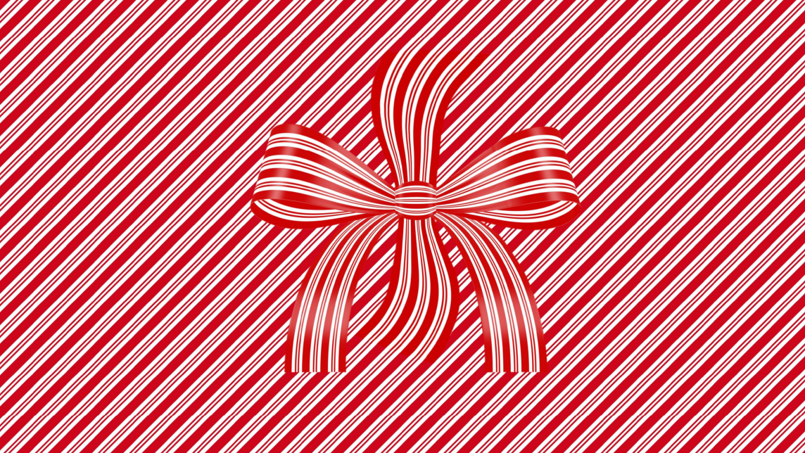 A red-and-white candy-cane-striped background with a bow in the center.