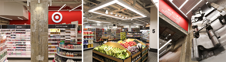 Three photos show aisles of Target's beauty department, food and beverage displays and a closeup of the modern industrial detail on a wall