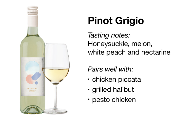 A bottle of Pino Grigio next to a glass of white wine