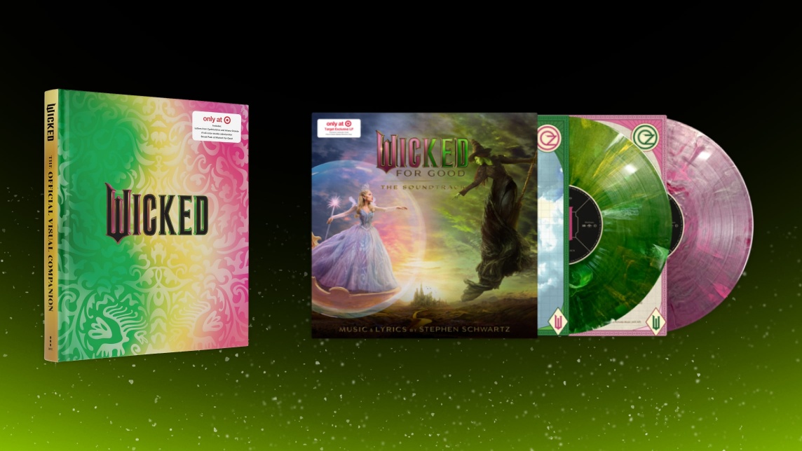 Target-exclusive “Wicked” collector’s items displayed on a green gradient background, including “The Official Visual Companion” book and the “Wicked: For Good” vinyl soundtrack featuring green and pink marbled records.