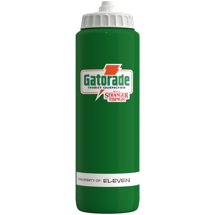 Green Gatorade water bottle with Stranger Things logo.