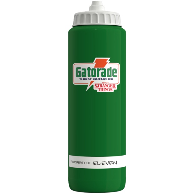 Green Gatorade water bottle with Stranger Things logo.