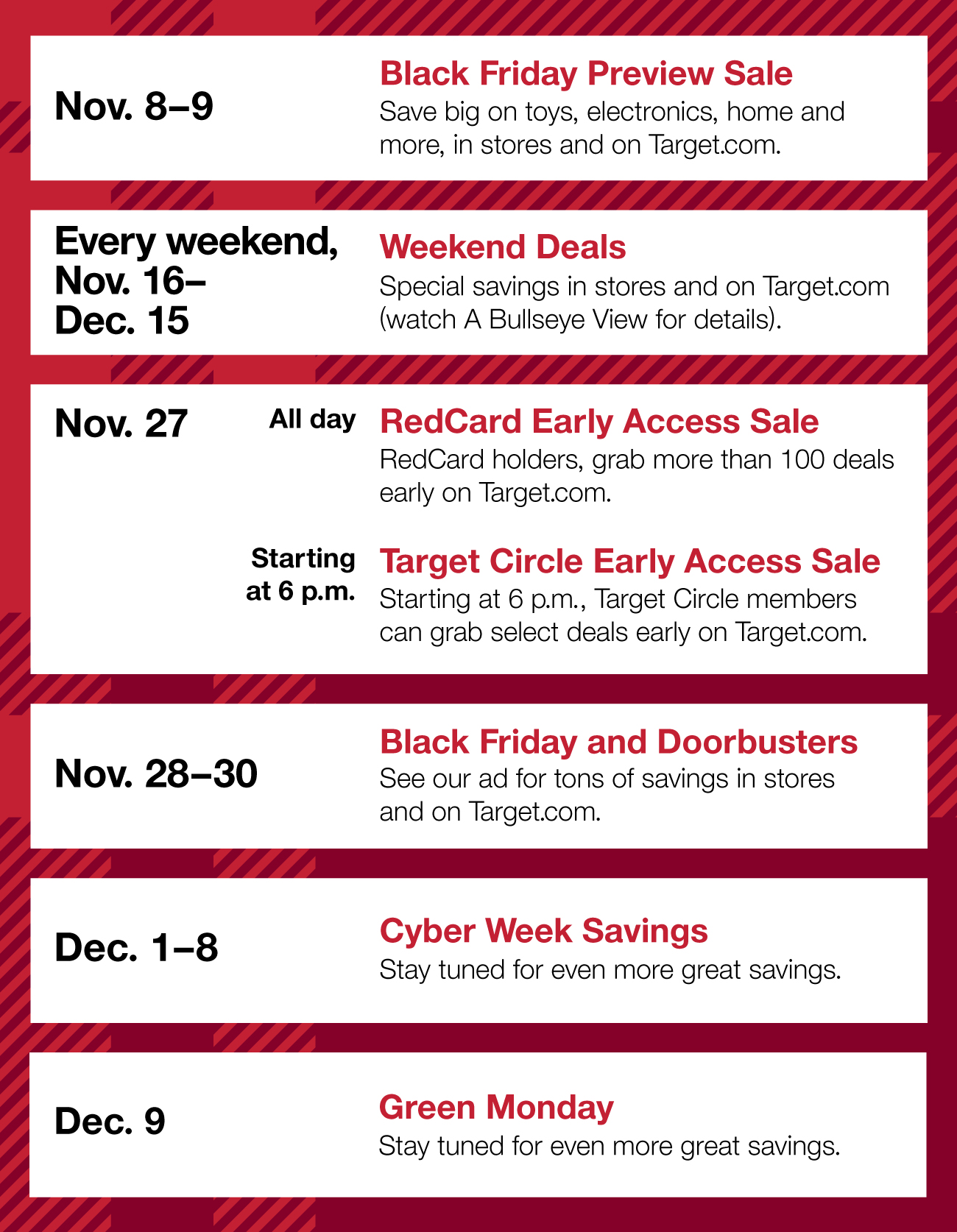 A graphic with a red plaid border and black text on a white background sharing the lineup of Target HoliDeals