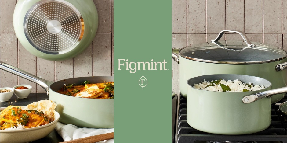 Mint green pots and pans on a stove and the word “Figmint” and logo on a green background.