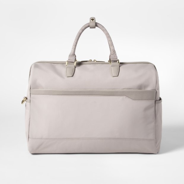 a white and grey handbag