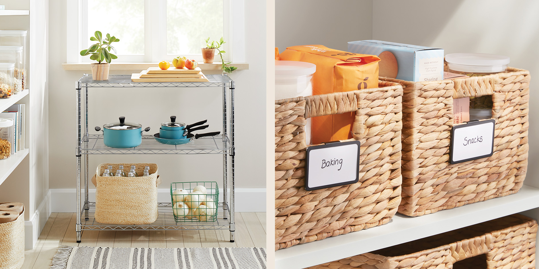 Kitchen storage racks and storage baskets.