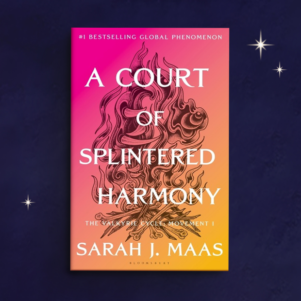 A copy of “A Court of Splintered Harmony” by Sarah J. Maas centered on a dark blue background with star accents.