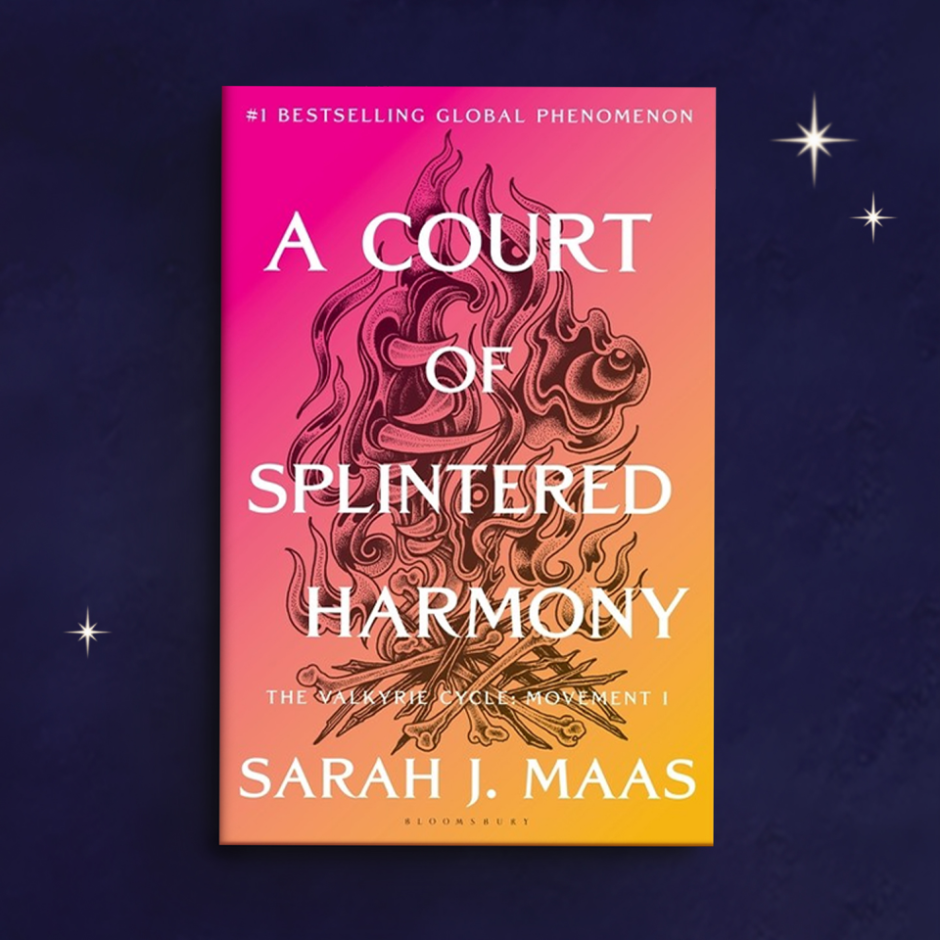 A copy of “A Court of Splintered Harmony” by Sarah J. Maas centered on a dark blue background with star accents.