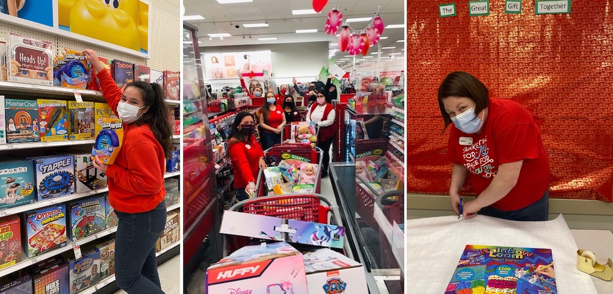 A collage of three pictures. At left, a team member holds a game in front of a shelf filled with games. Center, a group of team members with carts full of toys wave at the camera while standing in the checkout lane. At right, a team member wraps a toy.
