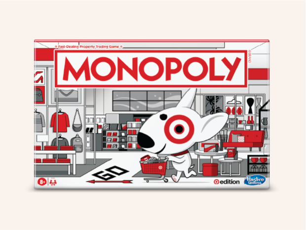 The Monopoly: Target Edition game box, featuring the word “Monopoly” and an illustration of Bullseye the Dog pushing a cart.