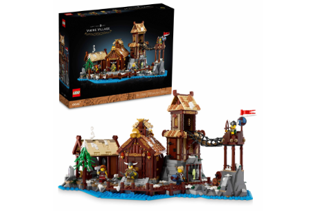 LEGO Viking Village set in packaging and displayed as it appears once built.