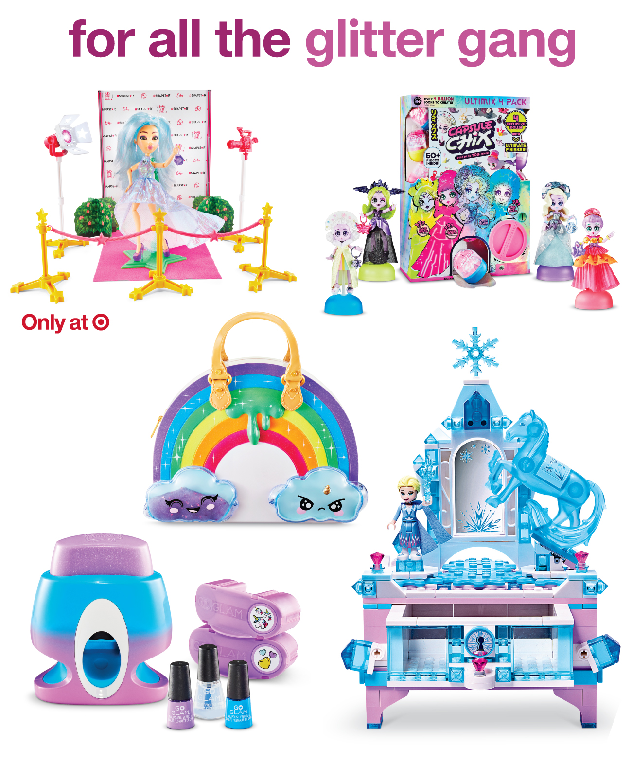 A collage of sparkly toys